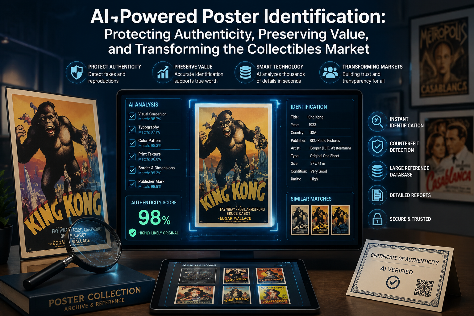 AI-Powered Poster Identification: Protecting Authenticity, Preserving Value, and Transforming the Collectibles Market Artificial Intelligence is revolutionizing poster authentication, helping collectors, galleries, auction houses, and investors protect the value of original posters while combating counterfeits and misidentifications.