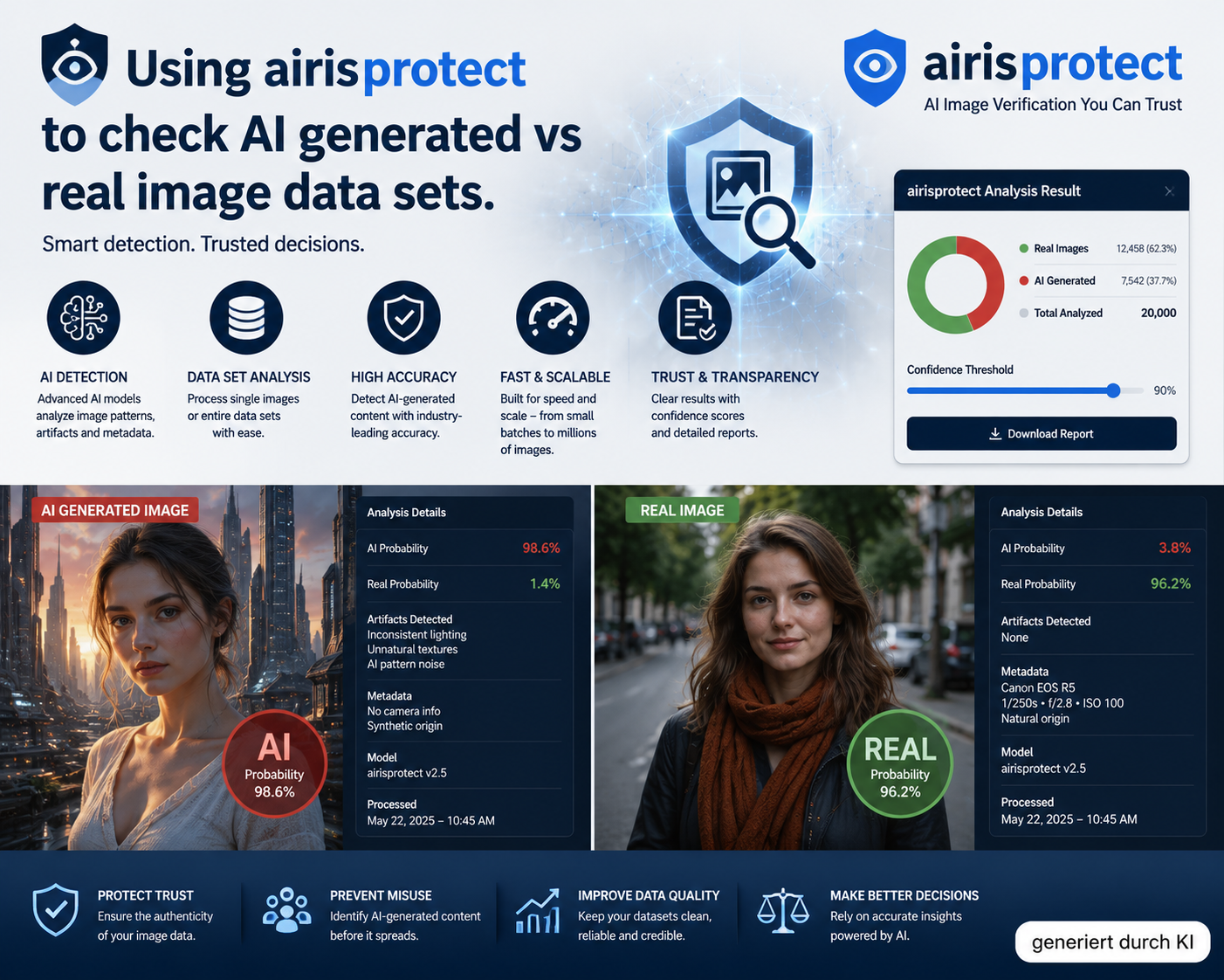 Discover how using airisprotect can help analyze AI-generated vs. real image datasets, improve data quality, support image verification, and strengthen digital trust.
