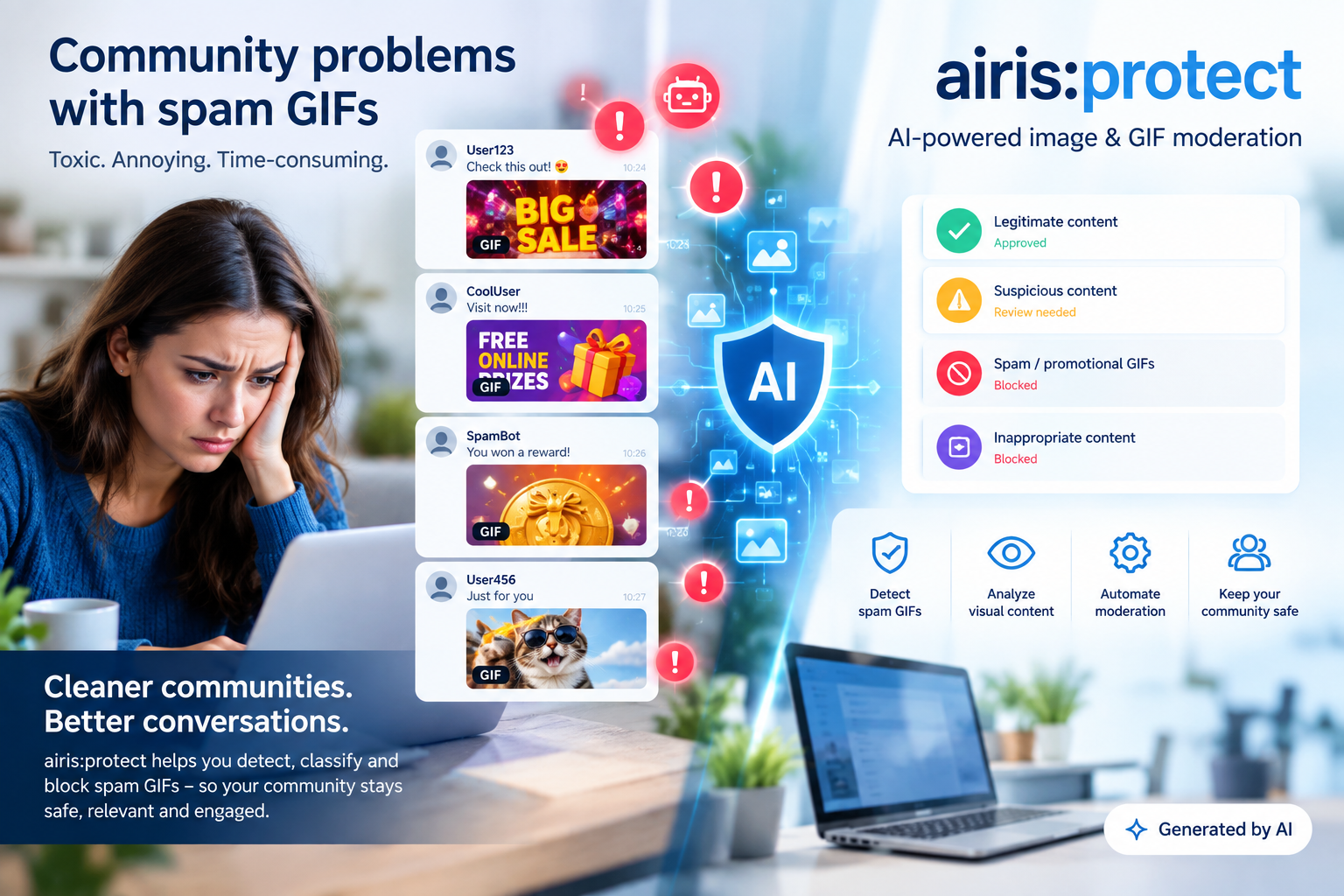 Discover how spam GIFs can damage online communities and how AI-powered image moderation with airis:protect can help platforms detect, classify and manage unwanted visual content.