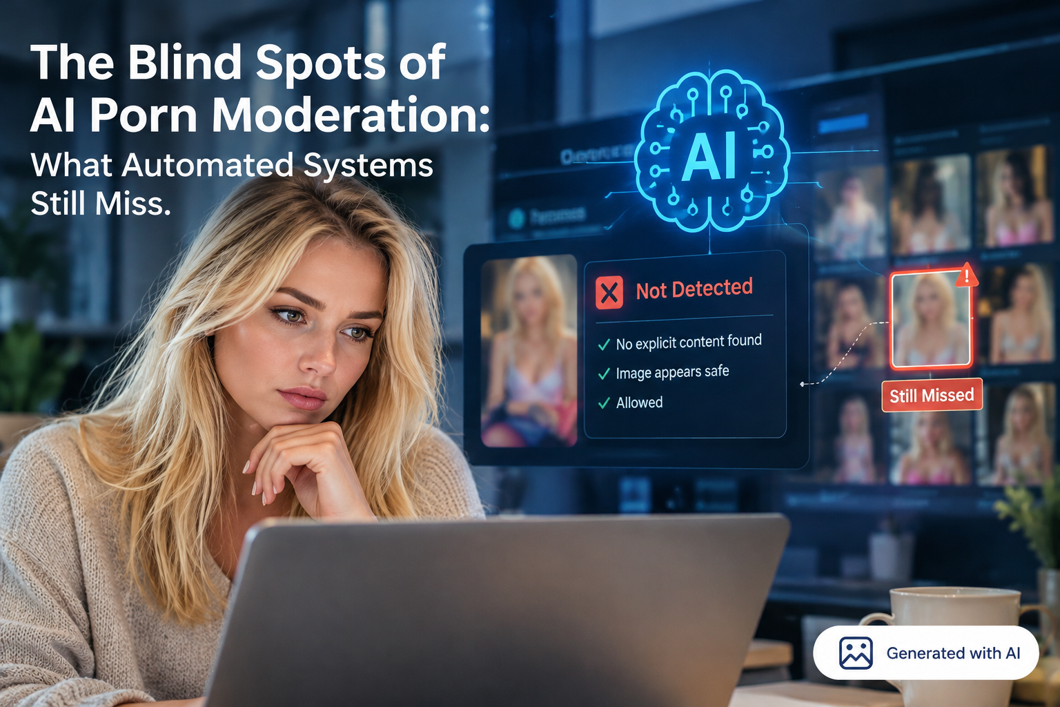 Discover the blind spots of AI porn moderation, from deepfakes and hidden context to age verification and consent. Learn why human oversight remains essential for safer adult platforms.